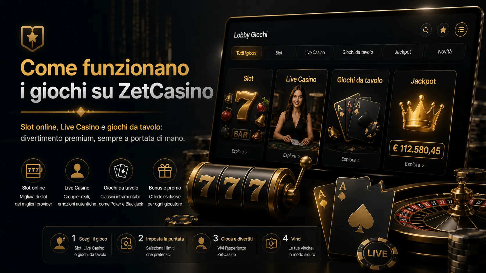 Lobby giochi ZetCasino con slot online, live casino e giochi da tavolo